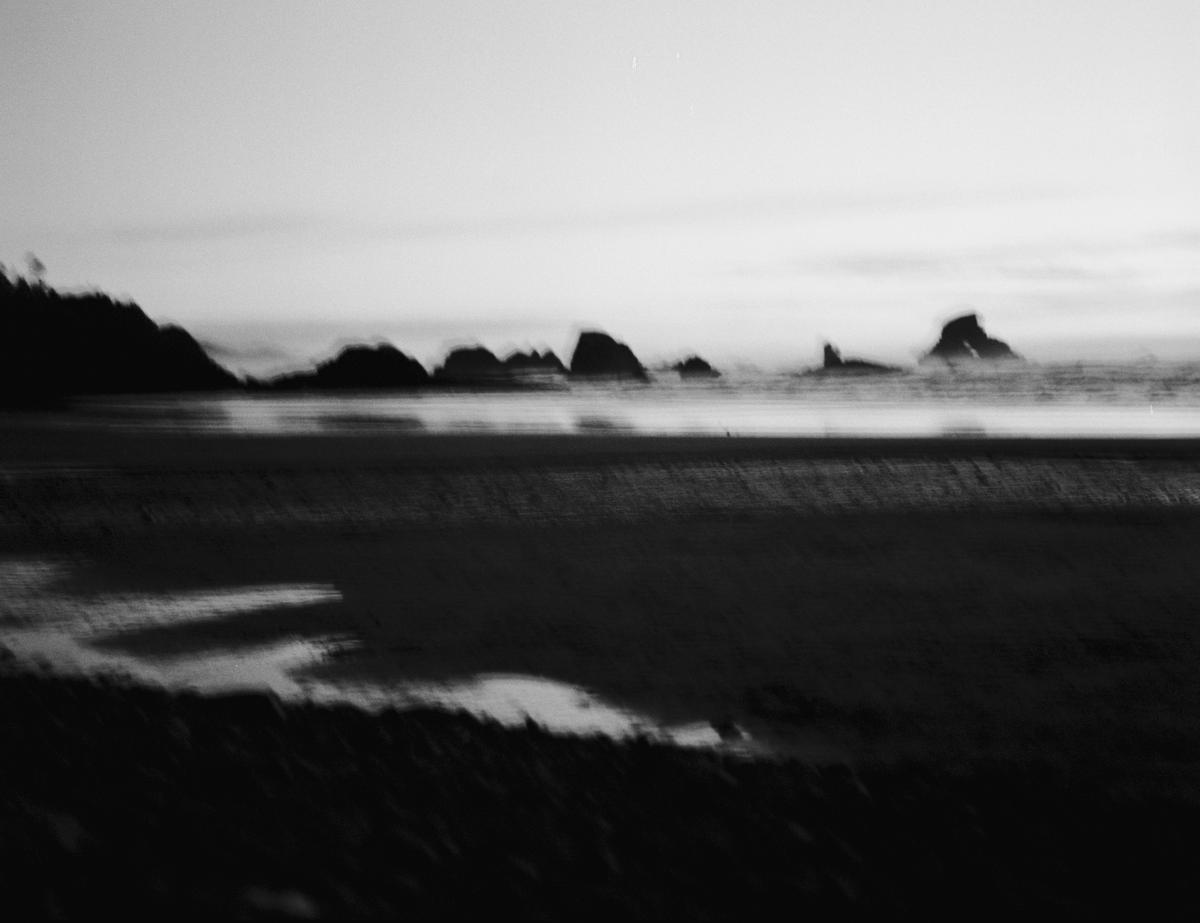 Indian Beach ecola state park at dusk black and white
