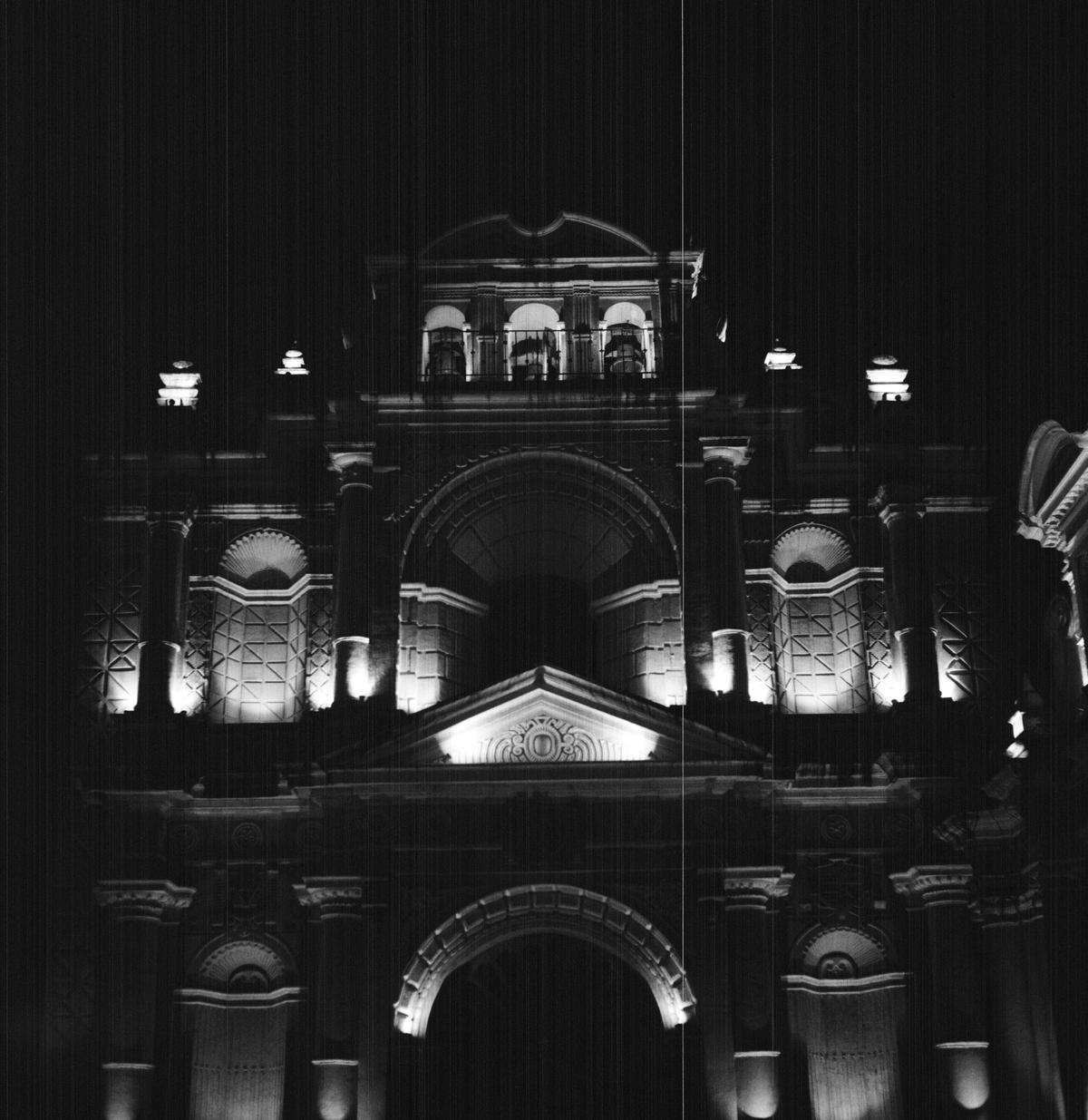 Building at night in black and white